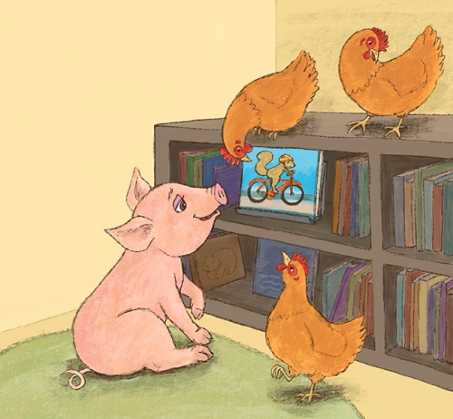 Pig and chickens in the library