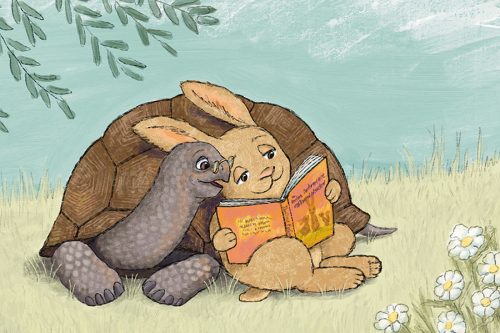 Tortoise Reading to Hare a book about rabbits