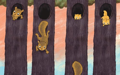 Irritated Squirrel leaving Tree nest, followed by little brother