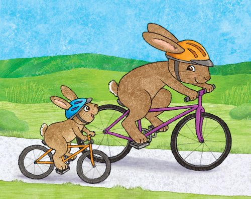 Father Bunny biking with young bunny