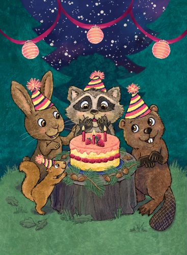 Raccoon is celebrating her birthday with Bunny, Beaver and Squirrel